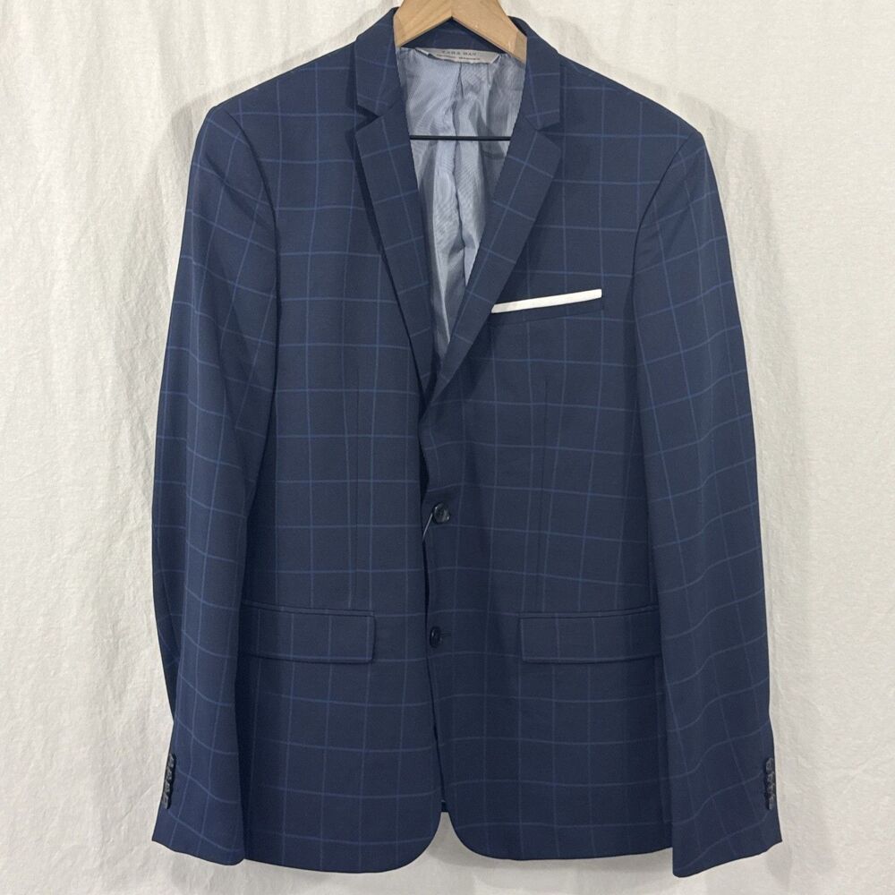 Zara Man Blue Windowpane Striped Double Button Mens Blazer Size 40 Career Event